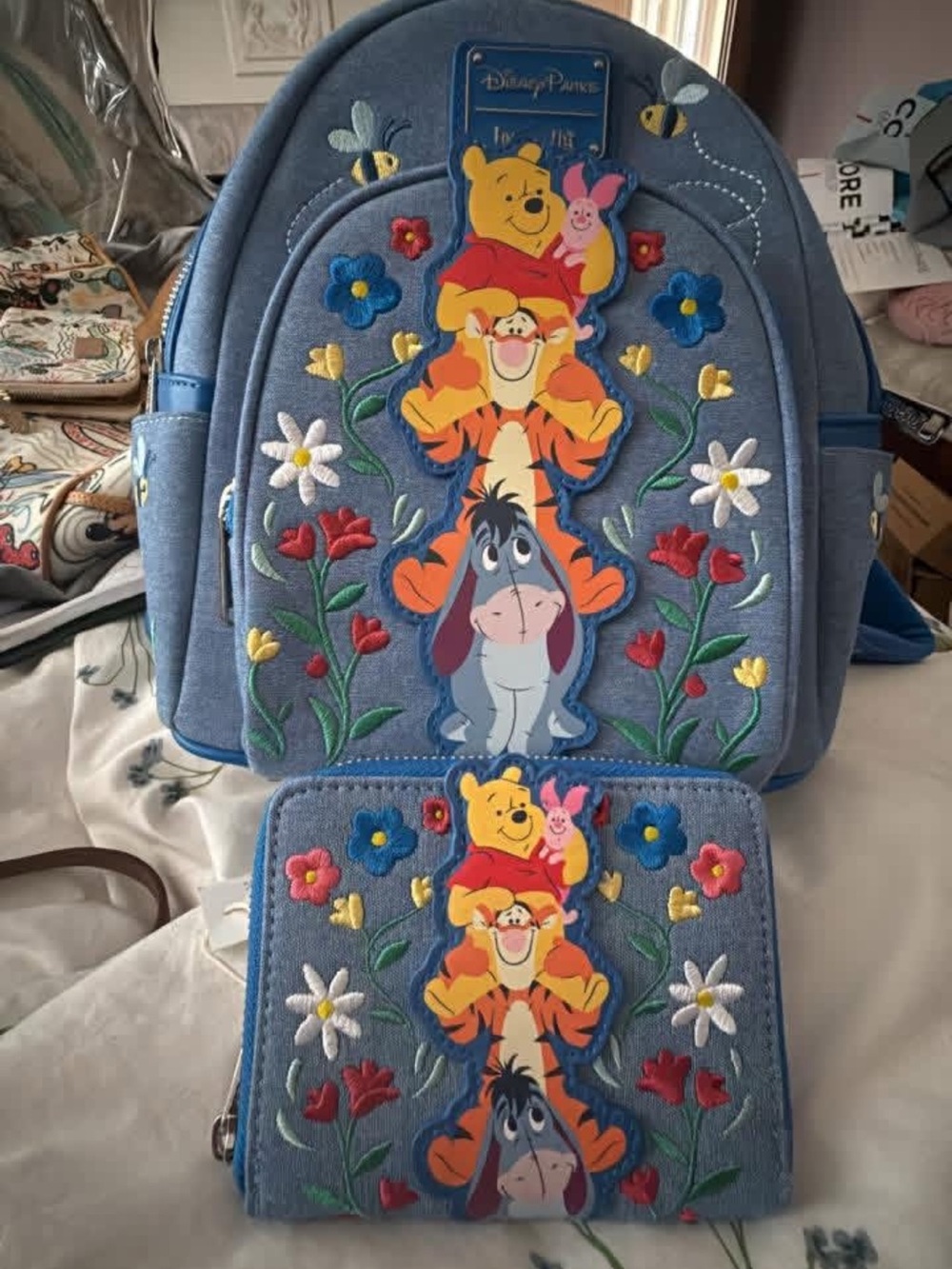 Disney Blue Winnie the Pooh Floral Kids Backpack and Wallet Set
